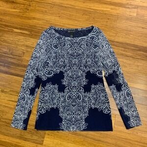 INC‎ International Concepts Navy Blue & White Lace Print Long Sleeve Top Size XL